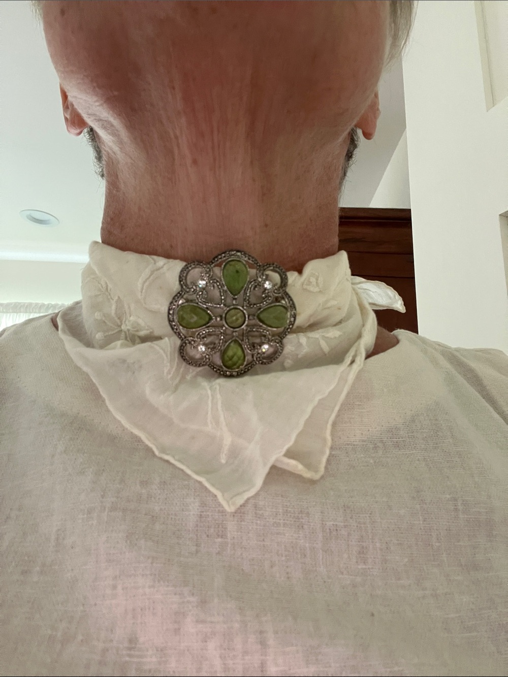 Vintage hankie and brooch - White Linen Bandana Scarf with Green Gem Brooch